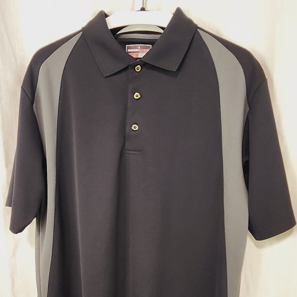 Grand Slam Performance black with gray shoulder accent polo, size Large.